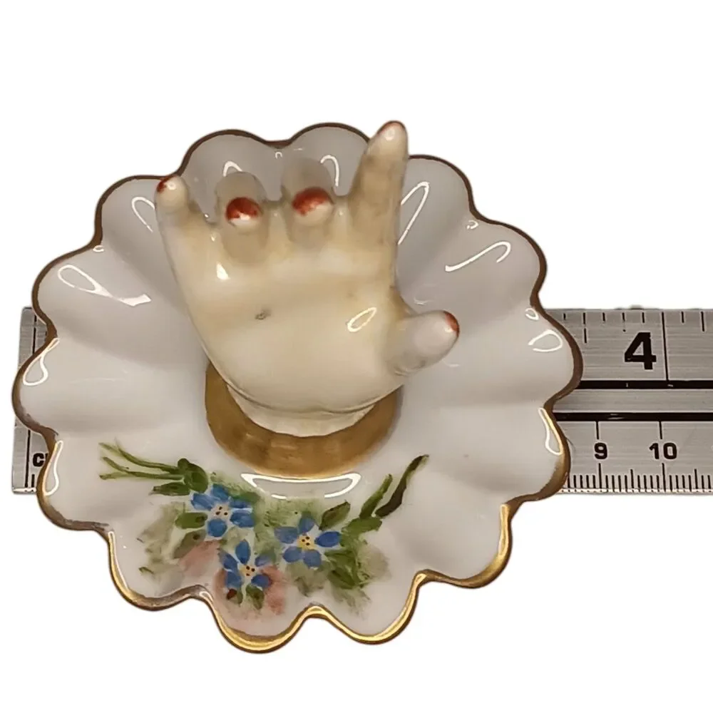 Vintage 1967 Miniature Porcelain Hand Painted Ring Holder Dish Blue Flowers 3.5